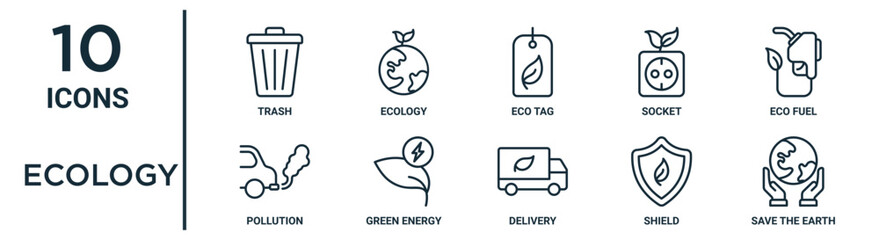 ecology outline icon set such as thin line trash, eco tag, eco fuel, green energy, shield, save the earth, pollution icons for report, presentation, diagram, web design