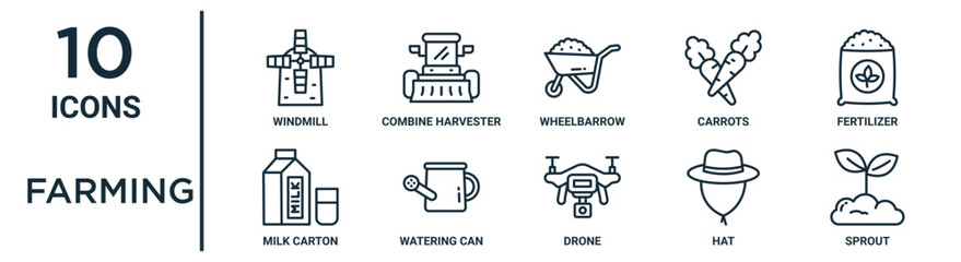 farming outline icon set such as thin line windmill, wheelbarrow, fertilizer, watering can, hat, sprout, milk carton icons for report, presentation, diagram, web design