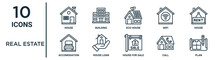 Real Estate Outline Icon Set Such As Thin Line House, Eco House, House, Loan, Call, Plan, Accomodation Icons For Report, Presentation, Diagram, Web Design