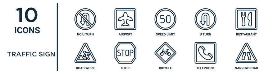 traffic sign outline icon set such as thin line no u turn, speed limit, restaurant, stop, telephone, narrow road, road work icons for report, presentation, diagram, web design