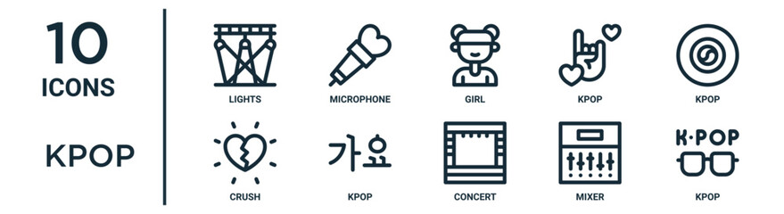 kpop outline icon set such as thin line lights, girl, kpop, kpop, mixer, crush icons for report, presentation, diagram, web design