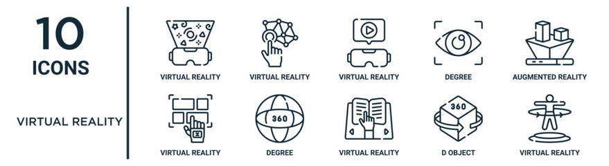 virtual reality outline icon set such as thin line virtual reality glasses, virtual reality glasses, augmented degree, d object, icons for report, presentation, diagram, web design