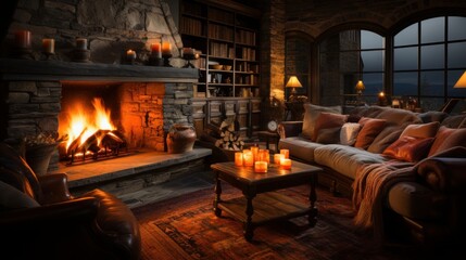 Poster - A cozy scene of a lit fireplace, the orange flames dancing and casting shadows, under the warm, comforting light of a winter's night