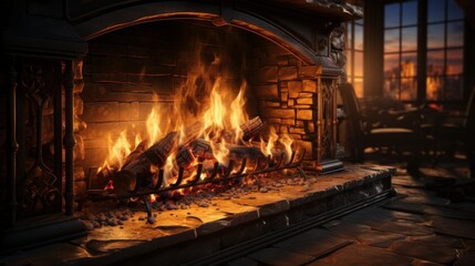 Poster - A cozy scene of a lit fireplace, the orange flames dancing and casting shadows, under the warm, comforting light of a winter's night