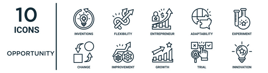 opportunity outline icon set such as thin line inventions, entrepreneur, experiment, improvement, trial, innovation, change icons for report, presentation, diagram, web design