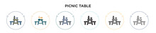 Picnic Table Icon In Filled, Thin Line, Outline And Stroke Style. Vector Illustration Of Two Colored And Black Picnic Table Vector Icons Designs Can Be Used For Mobile, Ui, Web