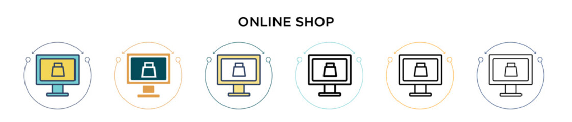 Poster - Online shop icon in filled, thin line, outline and stroke style. Vector illustration of two colored and black online shop vector icons designs can be used for mobile, ui, web