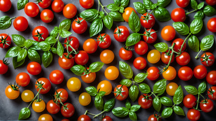 Wall Mural - background of red and yellow cherry tomatoes and basil leaves