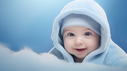 Wall Mural - Cute little baby, relaxing in bed after bath, smiling happily created with Generative AI technology.