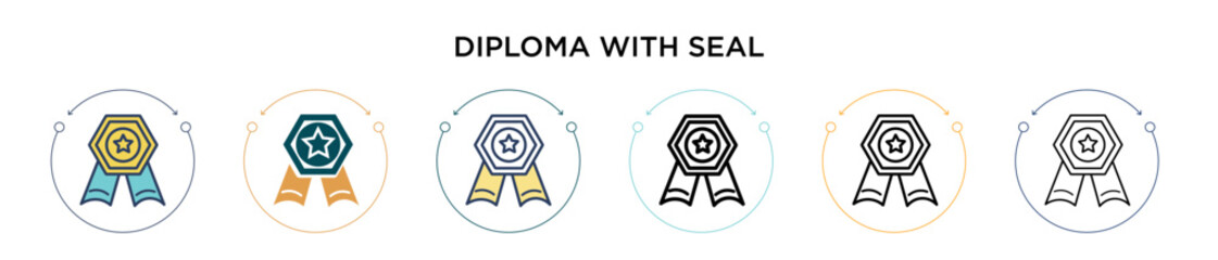 Poster - diploma with seal icon in filled, thin line, outline and stroke style. vector illustration of two co
