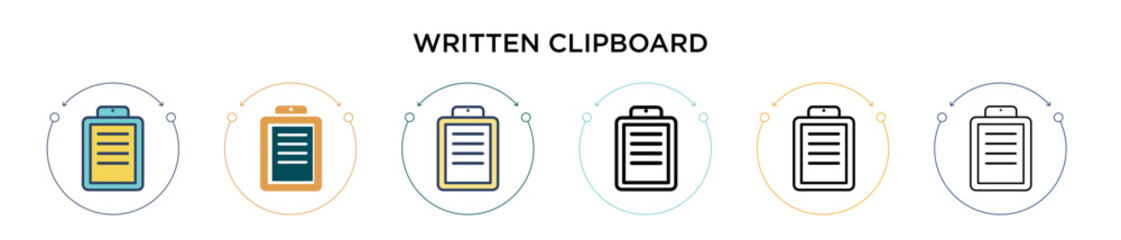 Poster - written clipboard icon in filled, thin line, outline and stroke style. vector illustration of two co