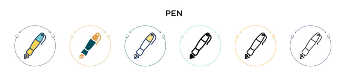 Poster - pen icon in filled, thin line, outline and stroke style. vector illustration of two colored and blac