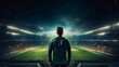 Rear view football player or soccer fan with hands raised for cheering football team in stadium,  Football Match Championship, world cup, Raising Hands to cheer. Professional Footballer, Generative AI