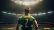 Rear view football player or soccer fan with hands raised for cheering football team in stadium,  Football Match Championship, world cup, Raising Hands to cheer. Professional Footballer, Generative AI