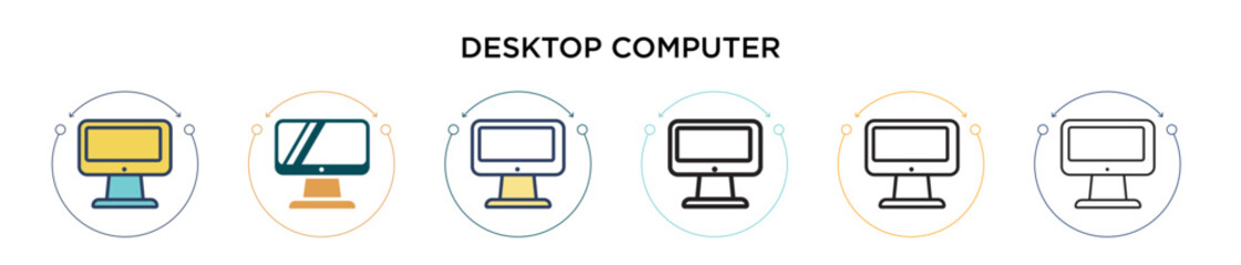 Poster - Desktop computer icon in filled, thin line, outline and stroke style. Vector illustration of two colored and black desktop computer vector icons designs can be used for mobile, ui, web