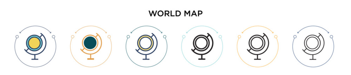 Poster - World map icon in filled, thin line, outline and stroke style. Vector illustration of two colored and black world map vector icons designs can be used for mobile, ui, web