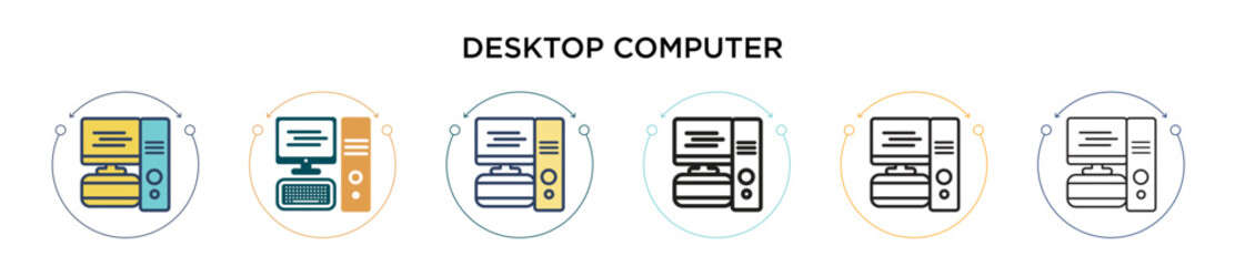 Poster - Desktop computer icon in filled, thin line, outline and stroke style. Vector illustration of two colored and black desktop computer vector icons designs can be used for mobile, ui, web