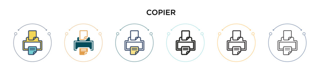 Copier icon in filled, thin line, outline and stroke style. Vector illustration of two colored and black copier vector icons designs can be used for mobile, ui, web