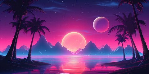 Wall Mural - Aesthetic synthwave wallpaper with a cool and vibrant neon design, Generative AI	