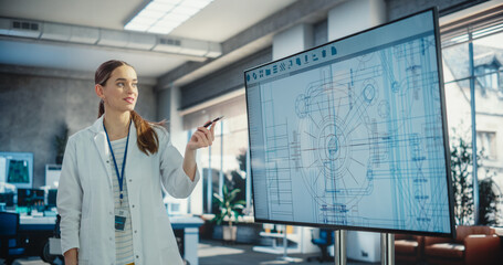 Leinwandbilder - Female Senior Robotics Engineer Giving Presentation in Front Of TV Set With Ai Robot Blueprint. Caucasian Automation Specialist Explaining Technological Specs To Assembly Line Workers In Startup.