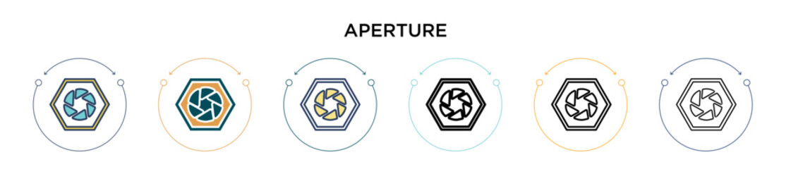 Poster - Aperture icon in filled, thin line, outline and stroke style. Vector illustration of two colored and black aperture vector icons designs can be used for mobile, ui, web