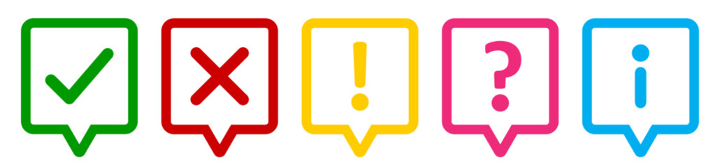 Aufkleber - Set of outline thinking square icons- check mark, cross, X mark, exclamation point, question mark and information mark vector. Tick, cross, exclamatory, question and info mark set in thinking square.