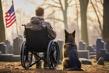 American War Veteran In A Wheelchair With With German Shepherd In A Cemetery At Day Of Remembrance