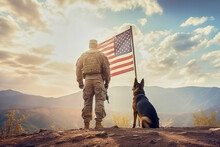 Back Of American Military Man With Service German Shepherd On The Background Of The US Flag, Veterans Day
