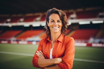 Portrait of smiling businesswoman standing with arms crossed in football stadium