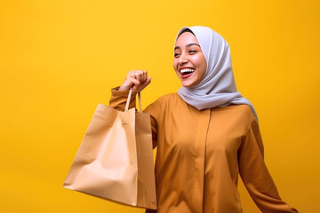 Wall Mural - Happy smiling joyful satisfied muslim woman with paper shopping bag on yellow background