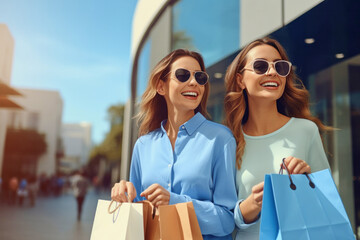 Wall Mural - Portrait of two satisfied laughing excited fashionable stylish female friends wearing sunglasses with paper shopping bags outdoors