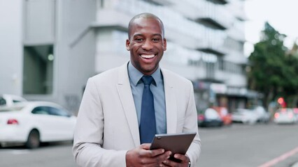 Aufkleber - Business, face and black man on tablet in city for planning, reading online news report and research information. Portrait of happy worker, digital tech and review network on internet in urban street