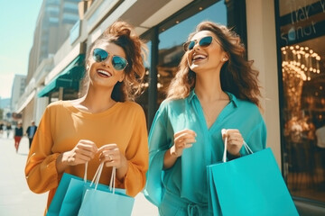 Wall Mural - Portrait of two satisfied laughing excited fashionable stylish female friends wearing sunglasses with paper shopping bags outdoors