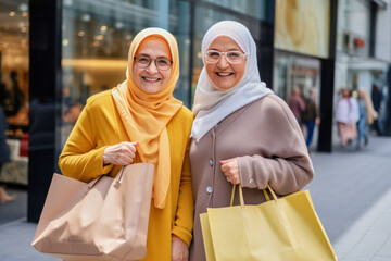 Wall Mural - Portrait of two satisfied laughing excited fashionable stylish mature muslim female friends wearing sunglasses with paper shopping bags outdoors