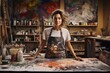 © igolaizola - Portrait of a female artist working on a painting in her studio