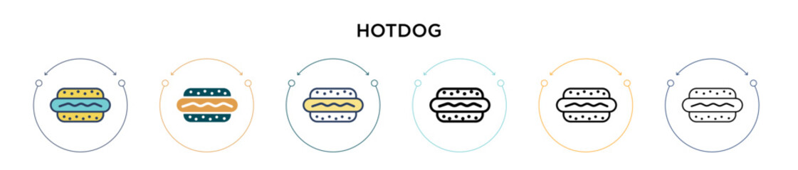 Hotdog icon in filled, thin line, outline and stroke style. Vector illustration of two colored and black hotdog vector icons designs can be used for mobile, ui, web