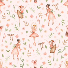 Pattern With Ballerina Girls In Ballet Position On Pink Background. Watercolor Hand-drawn Seamless Texture With Cartoon Ballet Dancers, Flowers And Ribbons.