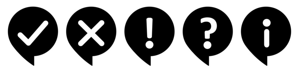 Aufkleber - Thinking circle icon set-check mark, cross, X mark, exclamation point, question mark and information mark vector. Tick, cross, cut, exclamatory, question and info mark set in thinking circle black.