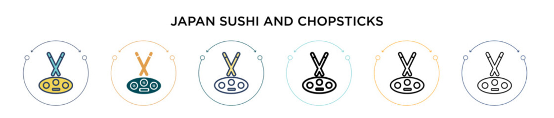 Japan sushi and chopsticks icon in filled, thin line, outline and stroke style. Vector illustration of two colored and black japan sushi and chopsticks vector icons designs can be used for mobile, ui,