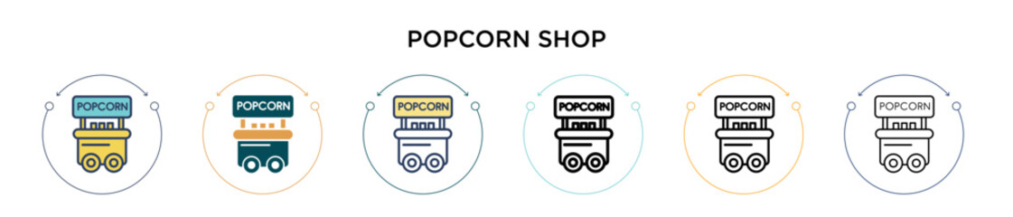 Popcorn shop icon in filled, thin line, outline and stroke style. Vector illustration of two colored and black popcorn shop vector icons designs can be used for mobile, ui, web