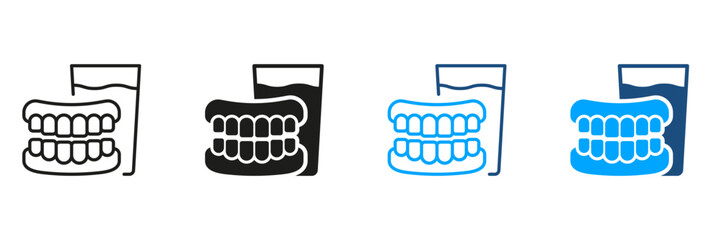 Wall Mural - Denture with Glass of Water. Human False Tooth Pictogram. Artificial Tooth, Dental Treatment Symbol Collection. Medical Dental Prosthetic Silhouette and Line Icon Set. Isolated Vector Illustration