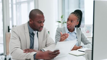 Poster - computer, teamwork or manager coaching black man with documents for a collaboration in office. paper