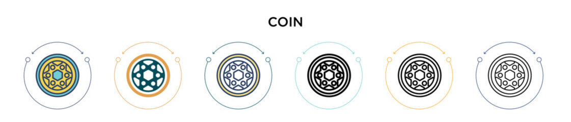 Poster - coin icon in filled, thin line, outline and stroke style. vector illustration of two colored and bla