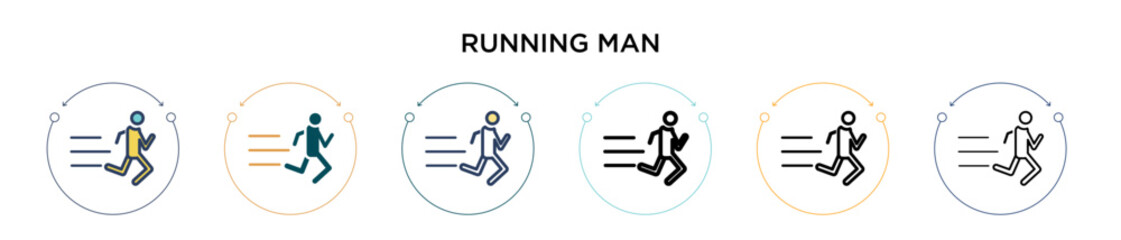Poster - Running man icon in filled, thin line, outline and stroke style. Vector illustration of two colored and black running man vector icons designs can be used for mobile, ui, web