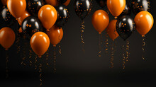 Black And Orange Balloons On A Black Background, Banner For Halloween, A Place For Text