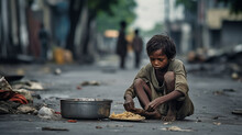 A Homeless Child Sits And Asks For Food, The Problem Of Hunger, Drought, Poverty