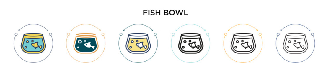 Fish bowl icon in filled, thin line, outline and stroke style. Vector illustration of two colored and black fish bowl vector icons designs can be used for mobile, ui, web