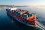 Fototapeta Uliczki - Global logistic trade portrayed by aerial container ship view on international open sea Generative AI