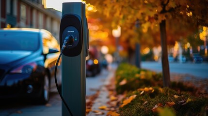 Wall Mural - Modern fast electric vehicle chargers for charging car in park,  Generative AI