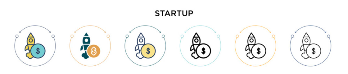 Poster - Startup icon in filled, thin line, outline and stroke style. Vector illustration of two colored and black startup vector icons designs can be used for mobile, ui, web